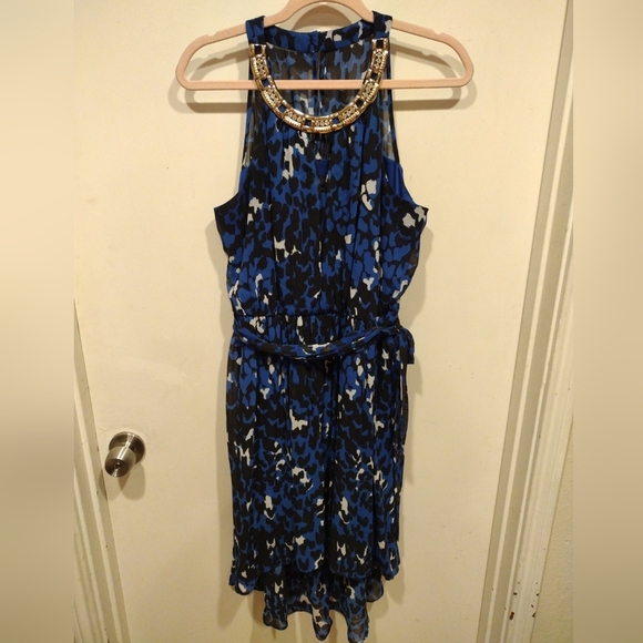 Thalia & Sodi Women's Embellished Halter Neck Blue Print Hi-Low Hem Dress M-Y2K - Picture 1 of 8